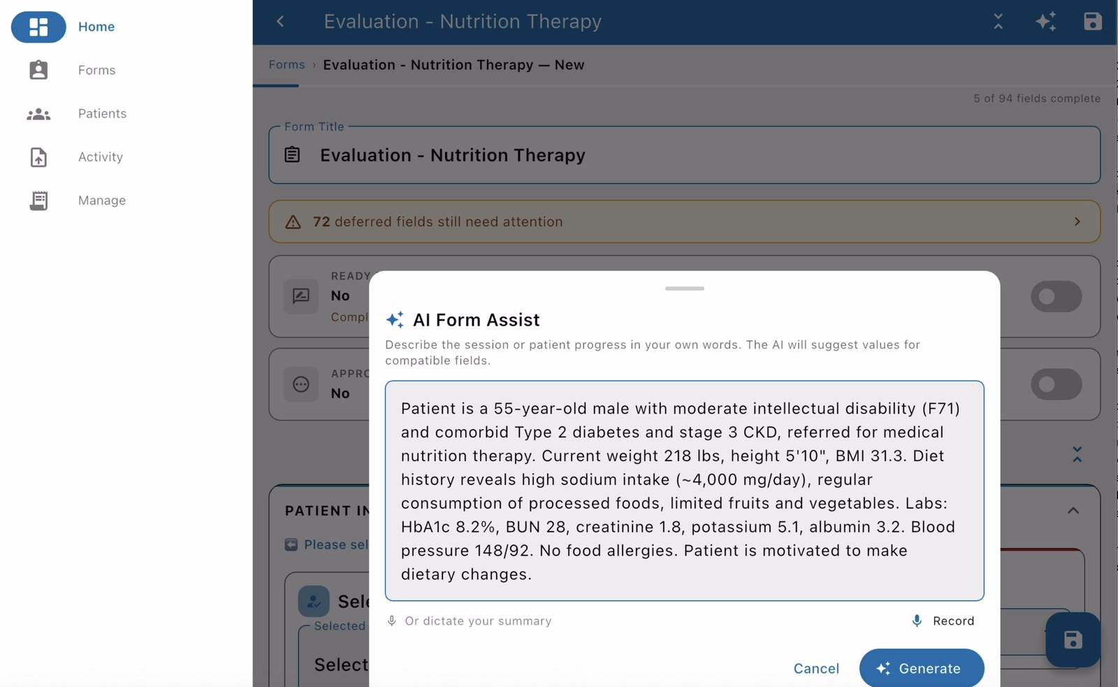EMRFlow AI Form Assist filling a nutrition therapy evaluation from a clinician's dictated summary