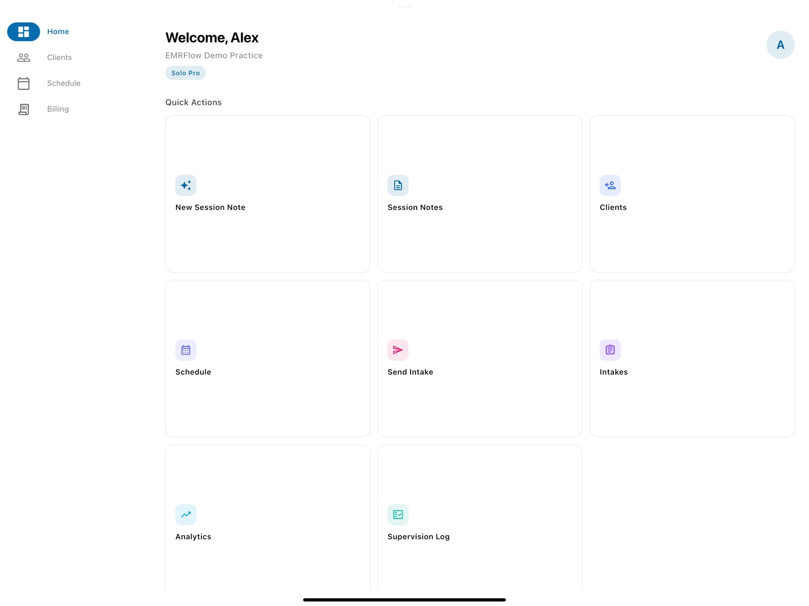 EMRFlow Solo dashboard showing quick actions for session notes, scheduling, intake, and analytics